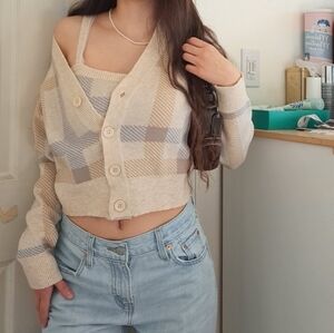 Witty Fox Cream Brown and Light Blue Plaid Cardigan and Tank Top Set Size XS